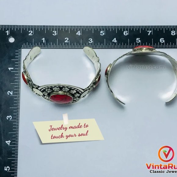 Single Afghan Coral Stone Cuff Bracelet: Antique Kuchi Tribal Jewelry - Picture 6 of 7